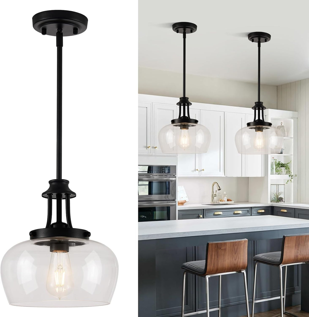 Lámparas colgantes modernas para isla de cocina, lámparas colgantes negras mate con pantalla de vidrio transparente de 25 cm, lámparas colgantes industriales para isla de cocina, comedor, dormitorio, vestíbulo y entrada.
