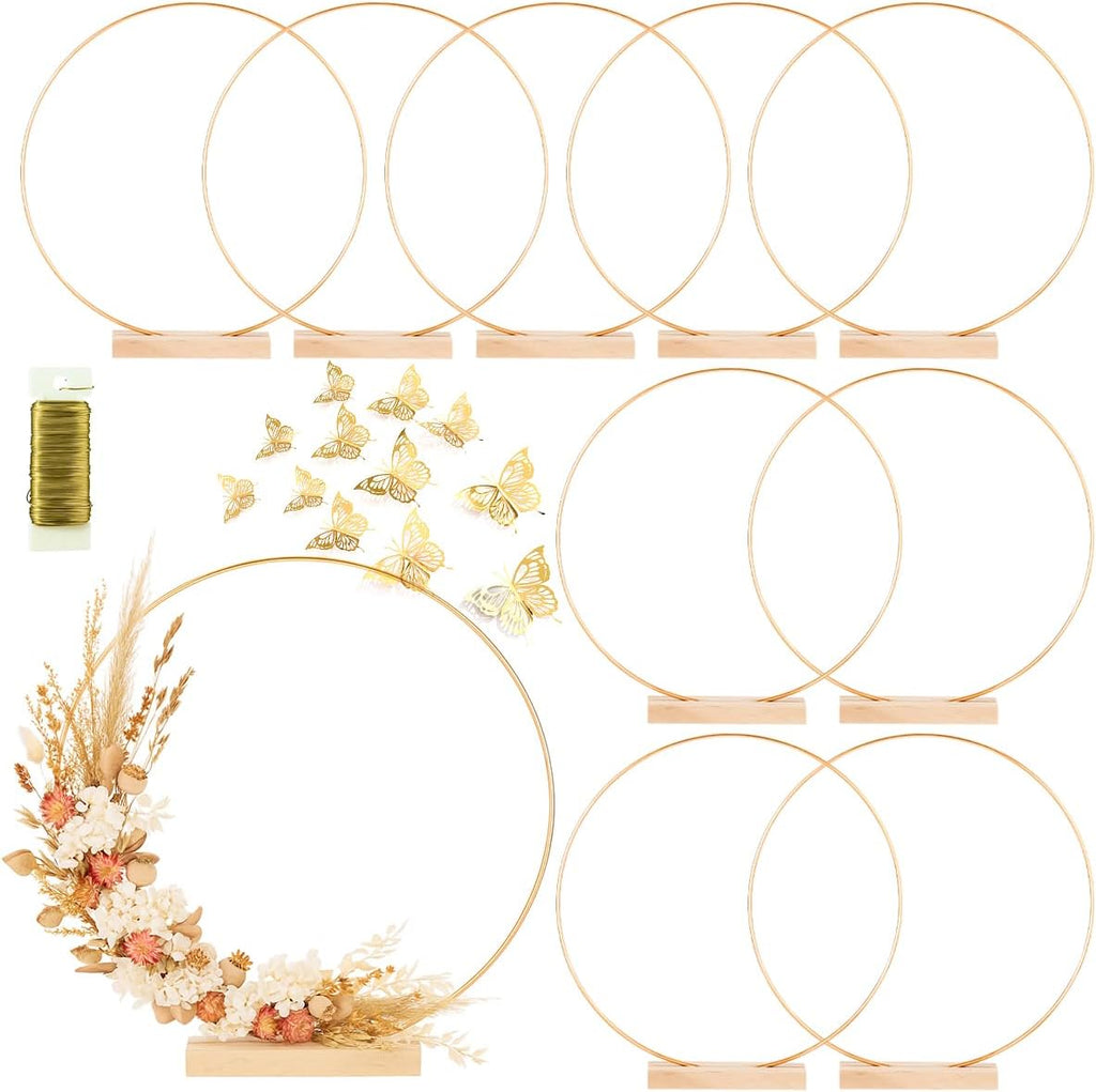 Set de 10 Aros Florales con Base de Madera, 10 Pulgadas, Aros Metalicos para Centros de Mesa DIY, Macrame, Atrapasuenos y Coronas, Dorado