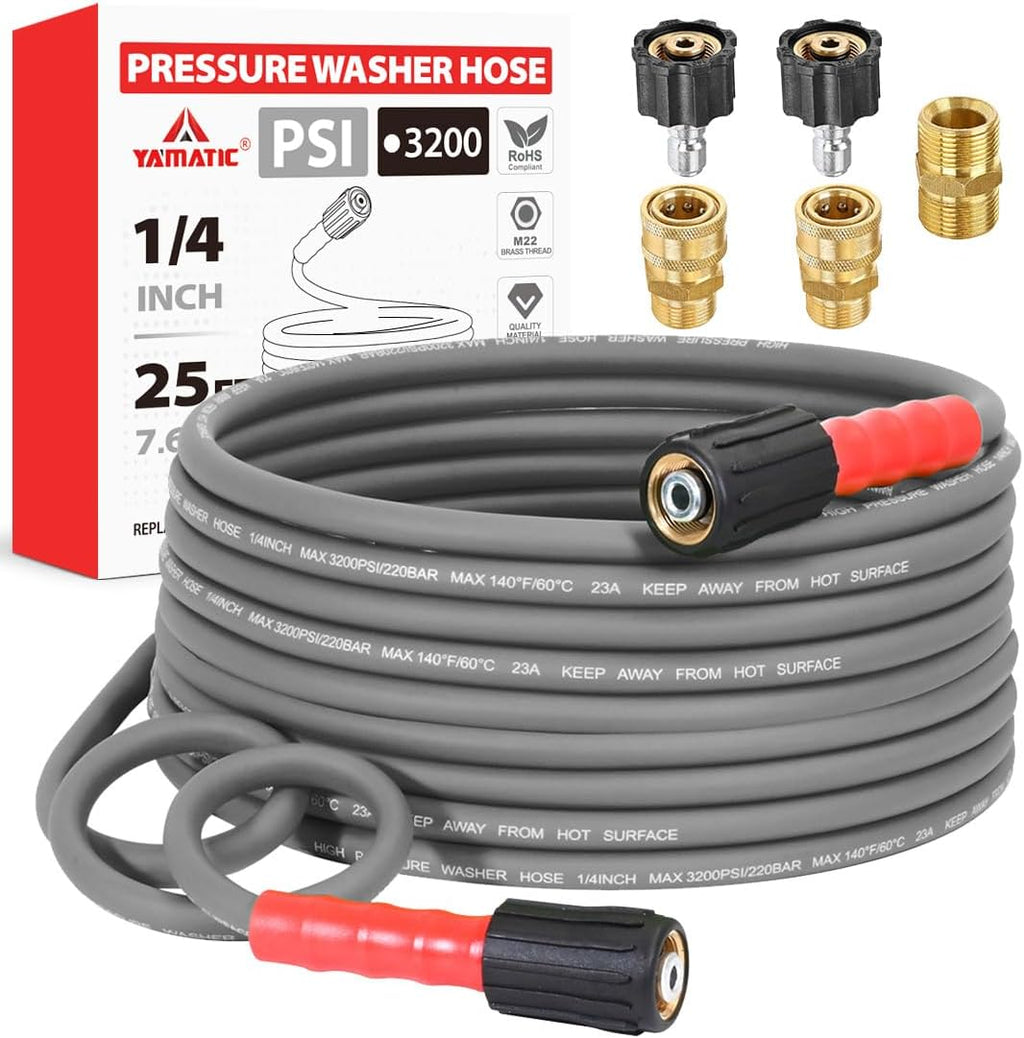 Manguera YAMATIC para Hidrolavadora 25 Pies 1/4" Antienredos – 3600 PSI, Conector M22-14mm con Adaptadores 3/8", Gris