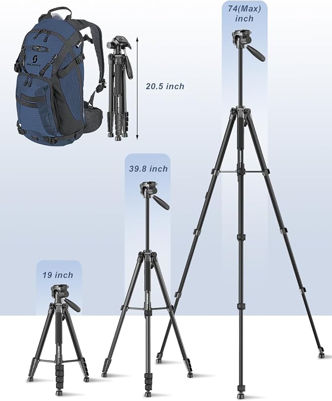 Trípode para cámara CAMBOFOTO de 74", trípode ligero de aluminio para DSLR/cámaras pequeñas/teléfonos, trípode portátil de viaje con cabezal
