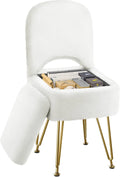 Taburete de tocador GREENSTELL con almacenamiento y respaldo plegable, otomana cuadrada de piel sintética suave de 34 x 38 x 76 cm, 4 patas metálicas antideslizantes, asiento acolchado de piel sintética para maquillaje, dormitorio, blanco