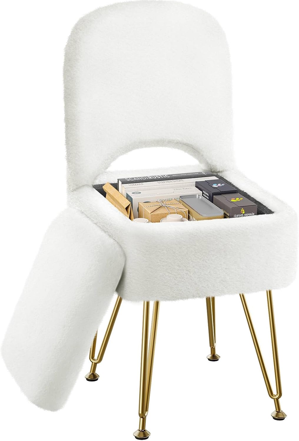 Taburete de tocador GREENSTELL con almacenamiento y respaldo plegable, otomana cuadrada de piel sintética suave de 34 x 38 x 76 cm, 4 patas metálicas antideslizantes, asiento acolchado de piel sintética para maquillaje, dormitorio, blanco