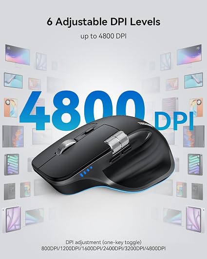Ratón inalámbrico TECKNET, ratón Bluetooth (BT5.3/5.0 y 2.4G), recargable, ergonómico, óptico, con 6 niveles de DPI ajustables, desplazamiento lateral, clics silenciosos, receptor USB A, 7 botones y amplia compatibilidad - Negro