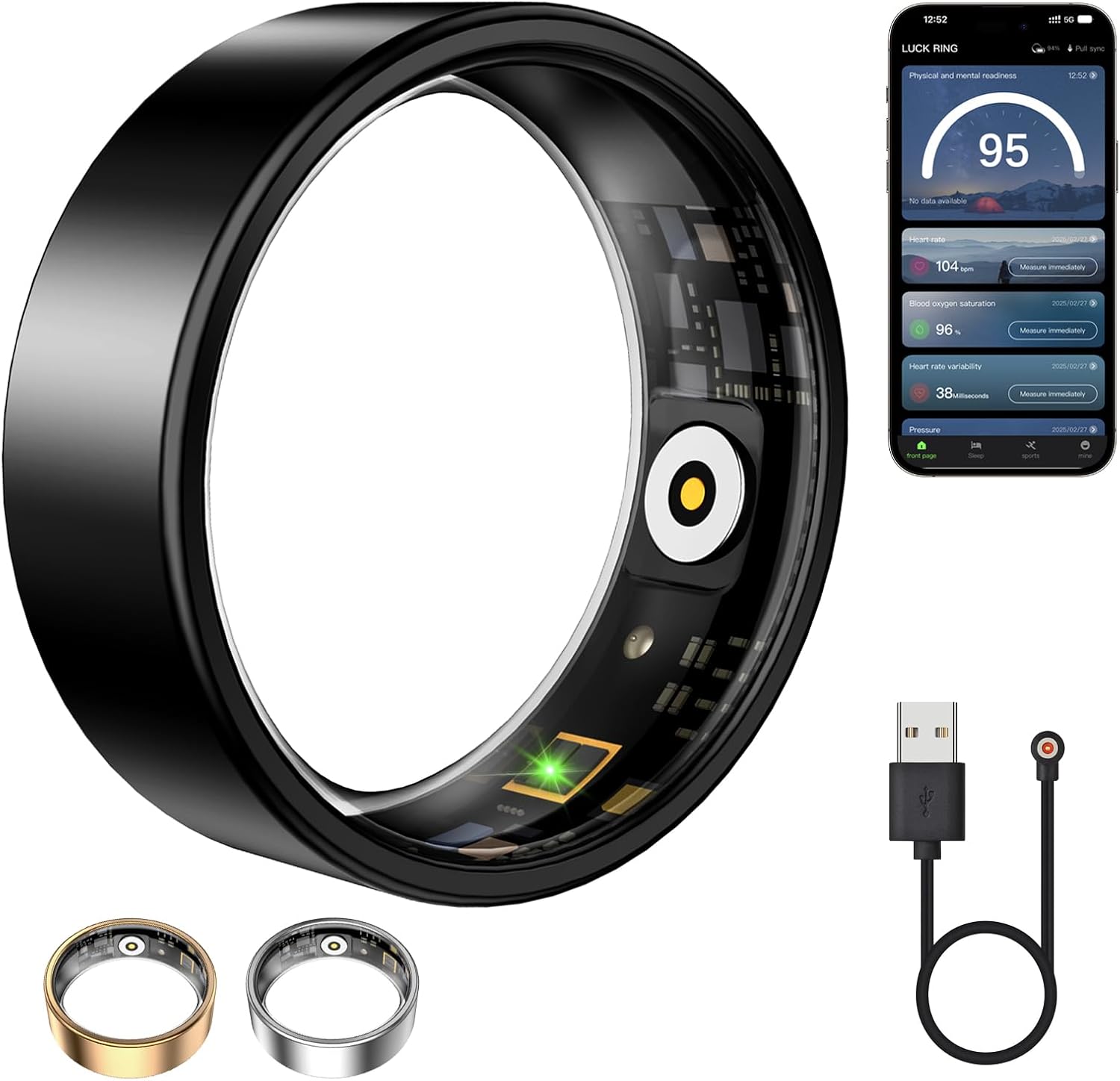 Anillo inteligente de salud, para mujeres y hombres, con monitorización de frecuencia cardíaca, oxígeno en sangre y sueño, resistente al agua y con batería de larga duración (negro, 8 pulgadas) 