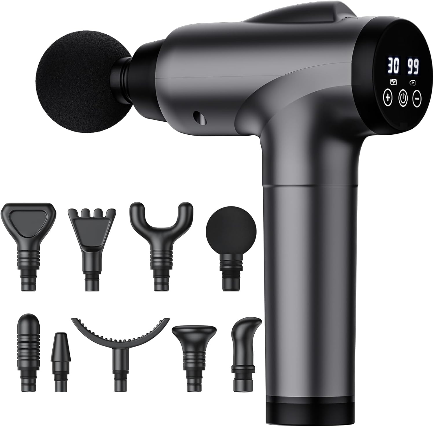Pistola de masaje de tejido profundo, masajeador muscular eléctrico de mano, dispositivo de masaje de percusión de alta intensidad para aliviar el dolor con 9 accesorios y 30 velocidades (gris) 