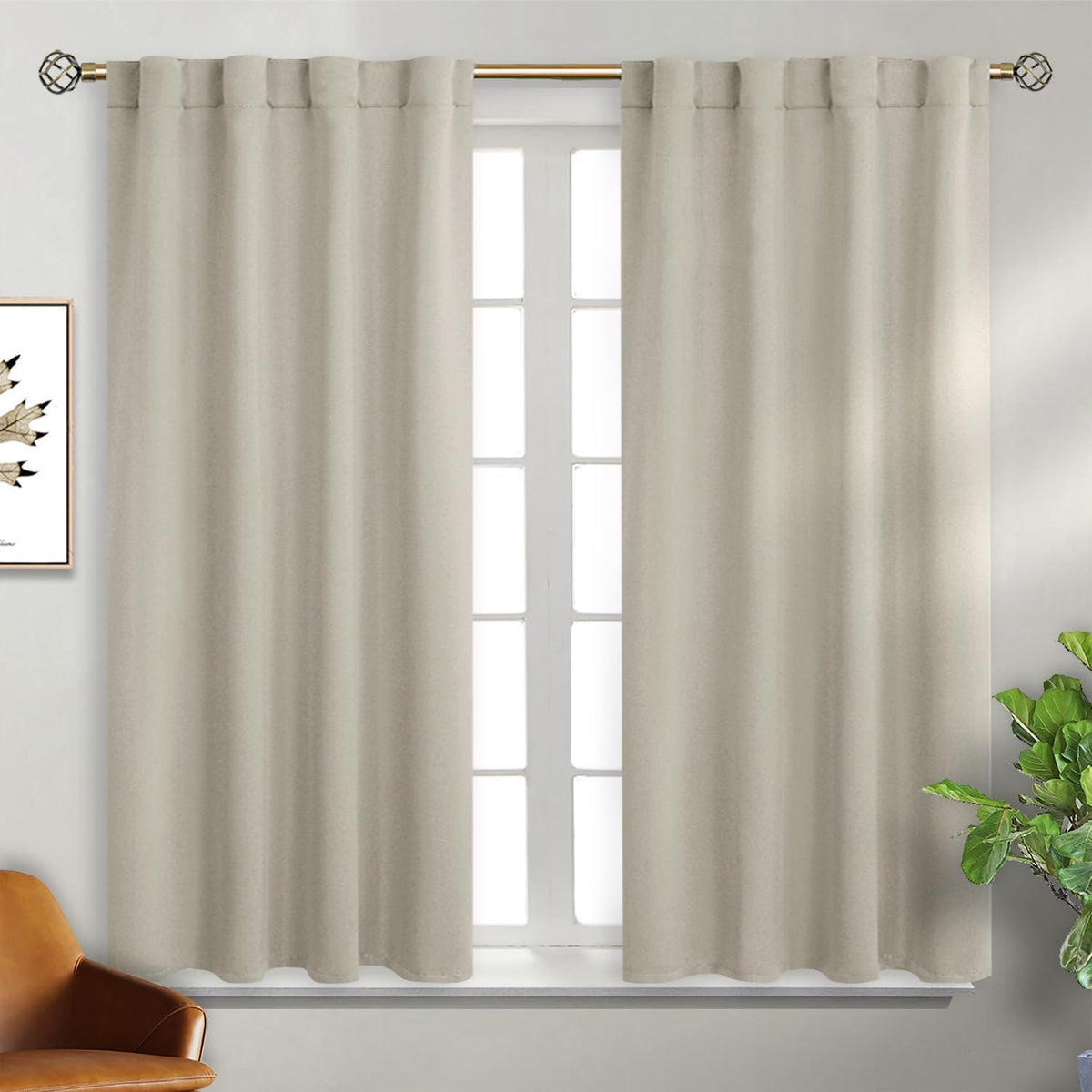Cortinas opacas BGment con bolsillo para barra y trabillas traseras para dormitorio - Cortinas térmicas opacas para sala de estar, 2 paneles de cortina (38 x 45 pulgadas, color camel natural)