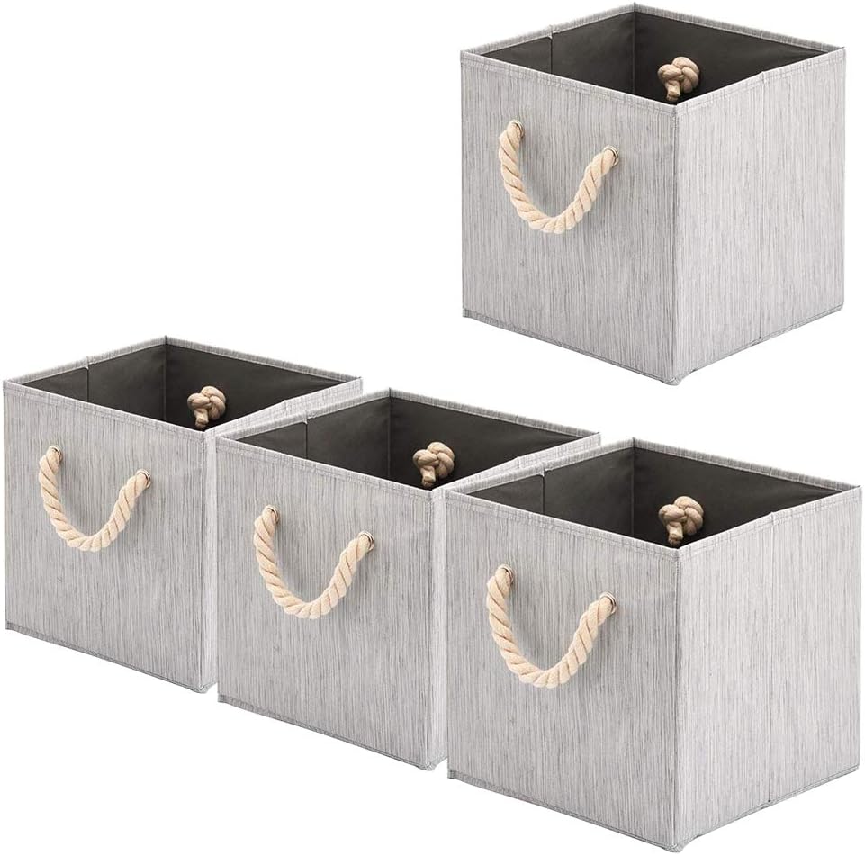 Cajas de almacenamiento plegables de tela de bambú BeigeSwan [juego de 4] con asas de cuerda de algodón, cestas organizadoras plegables - 10,5 x 10,5 x 11 pulgadas (gris)
