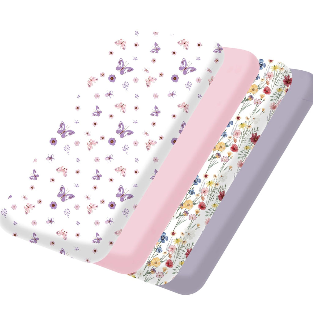 Sábanas ajustables Bimocosy Pack and Play, paquete de 4, sábanas para minicuna Pack n Play de 96,5 x 66 cm para niños y niñas, sábanas suaves y elásticas para colchón de corralito Graco Pack n Play, diseño Butterfly Meadow