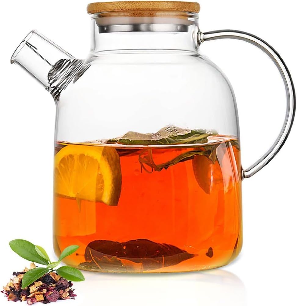 Tetera de Vidrio Borosilícato 1.8L con Colador y Tapa de Madera | Apta para Estufa y Microondas — Té de Hojas Sueltas y Frutas