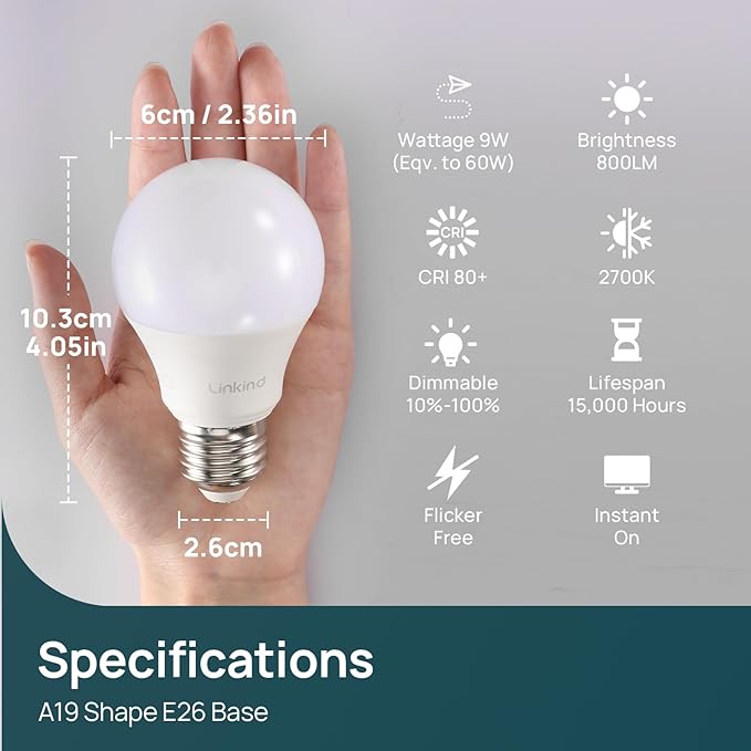 Linkind - Bombillas LED A19 regulables, equivalente a 60 W, eficiente energéticamente 9 W, 2700 K, 800 lúmenes, base estándar E26, iluminación para dormitorio, sala de estar, oficina en casa