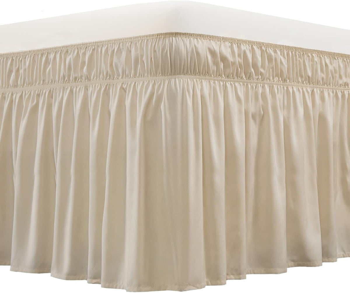 Falda de cama envolvente MEILA de tres lados con elástico y volantes antipolvo, caída de 61 cm, fácil de instalar, resistente a la decoloración, color beige, tamaño individual/doble.