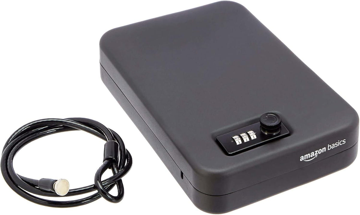 Caja de Seguridad Portátil Amazon Basics Caja Bloqueable Cerradura Combinación para Documentos Objetos Valiosos Artículos Personales Cuarto Dormitorio Casa Grande Negro