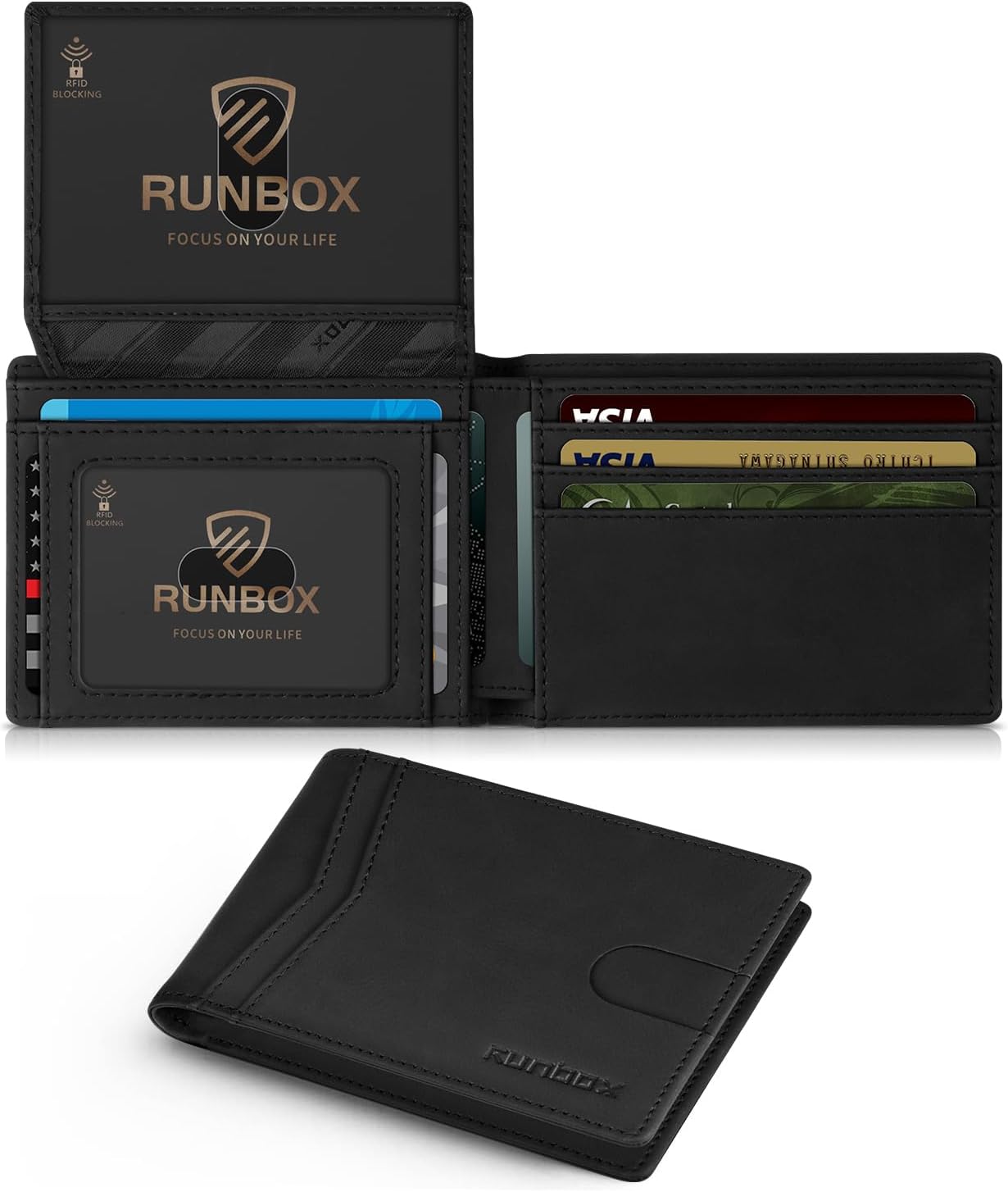 Cartera RUNBOX para hombre, delgada, de cuero RFID, con ventana para dos identificaciones y estuche de regalo | Delgada, RFID, con ventana para dos identificaciones y estuche de regalo 