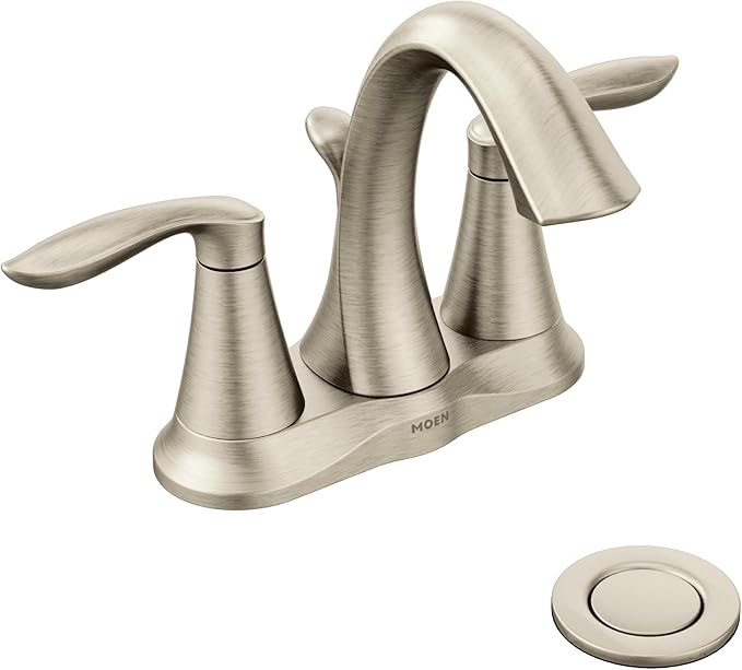 Llave de Baño Moen Eva Niquelado Cepillado | Dos Manijas 4" Centerset con Desagüe | Modelo 6410BN
