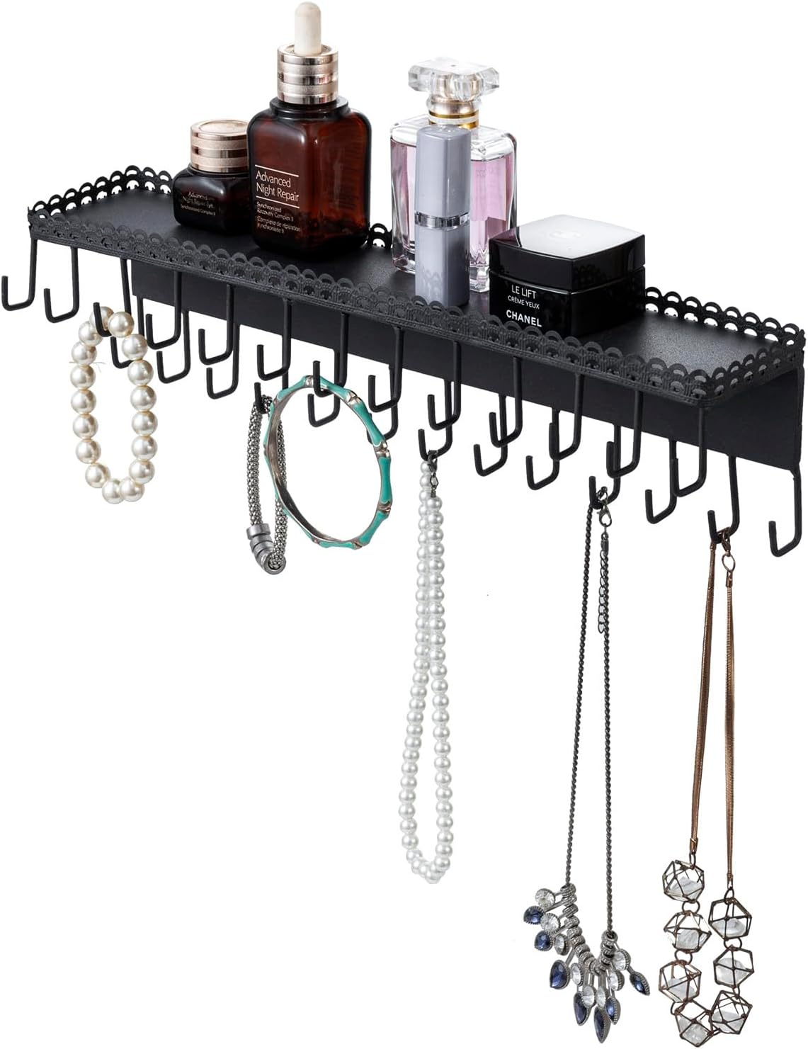COLOR DORADO-Organizador y estante de exhibición de joyas de metal dorado de 15 pulgadas para montaje en pared de MyGift con diseño de encaje vintage, almacenamiento de perfumes colgantes y 26 ganchos para colgar collares.