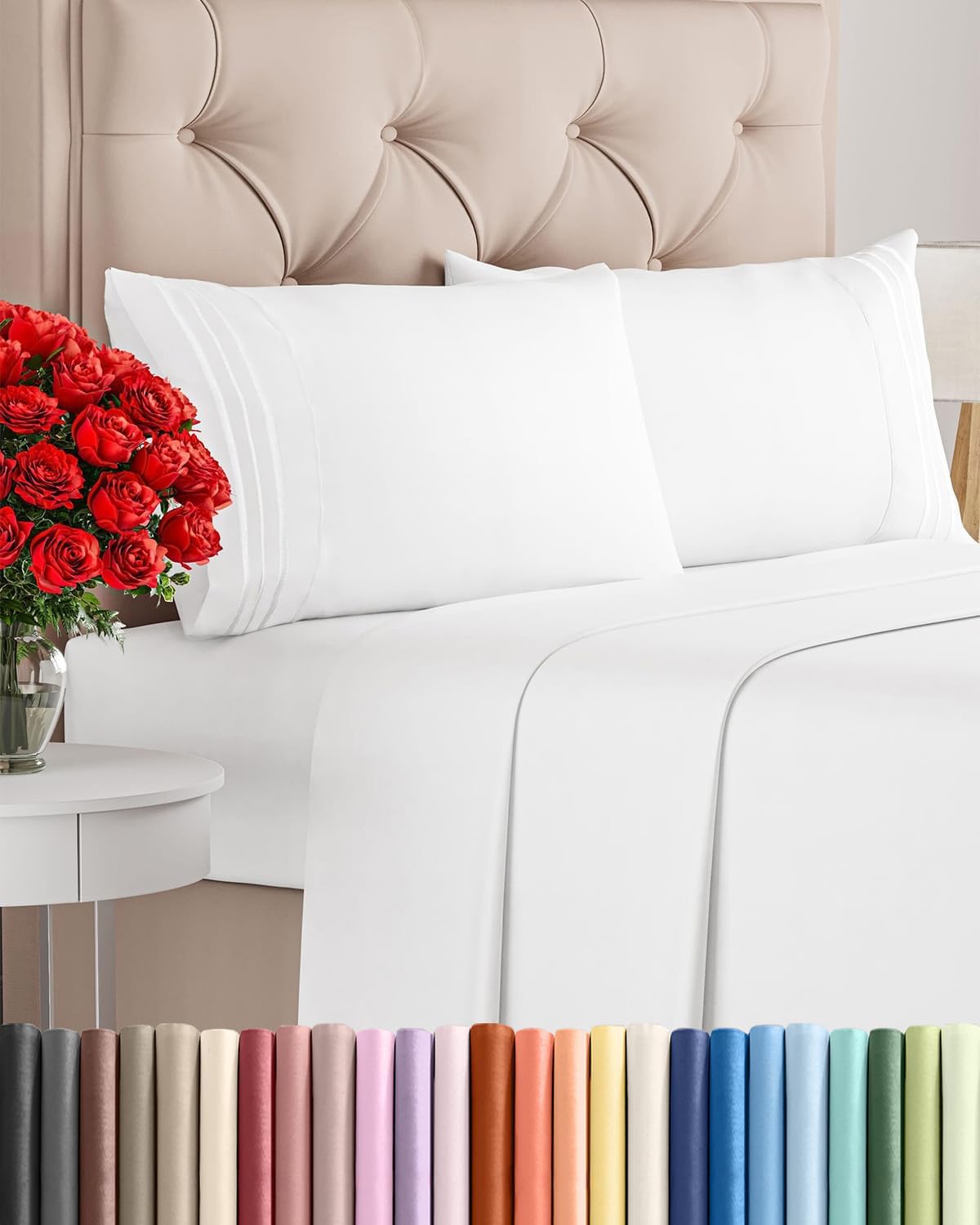 Juego de sábanas de 4 piezas tamaño Queen - Sábanas cómodas, transpirables y frescas - Sábanas de lujo para hotel para mujeres y hombres - Bolsillos profundos, fácil ajuste, extra suaves y sin arrugas - Juego de sábanas blancas con certificación Oeko-Tex