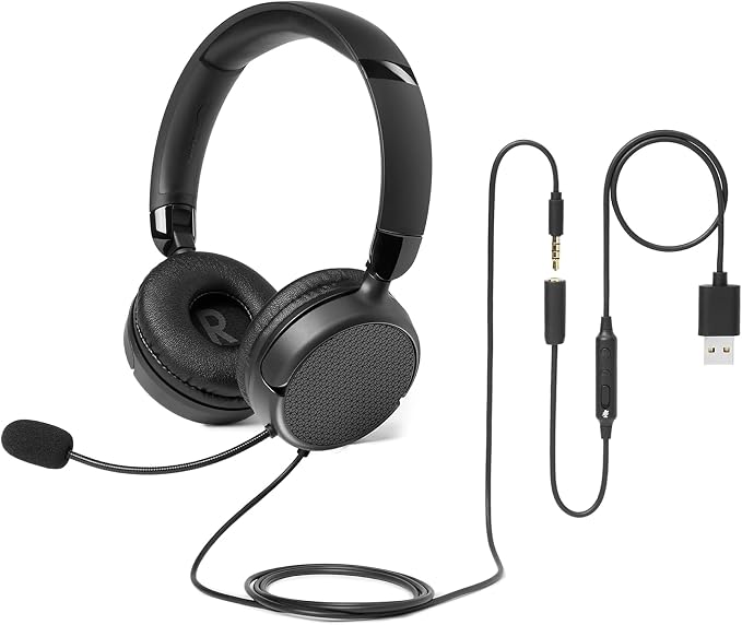 Auriculares supraaurales para ordenador Amazon Basics con cable, micrófono ajustable, conexión de 3,5 mm, control por cable con USB-A, plegables, ideales para oficina, smartphone, PC y portátil. Color negro.
