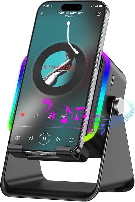 Altavoz de Inducción Inalámbrico 5 en 1 Bluetooth con Soporte para Teléfono, Sonido Estéreo, 3500mAh Recargable, 8 Luces Ambientales RGB