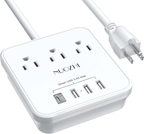 Cruise Essentials, NUOZHI - Regleta de alimentación de 6 pies con 3 salidas y 4 puertos USB (1 USB C), regleta sin protección contra sobretensiones para cruceros, viajes, oficina en casa