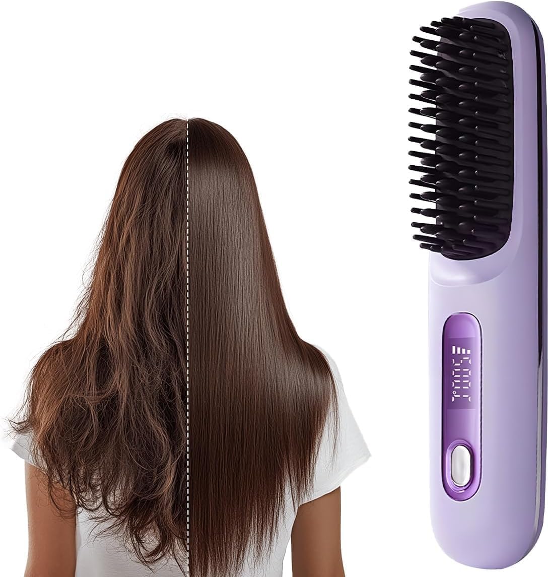 CONTIENE 4 PIEZAS Go Brush Pro 2026 para Cabello Corto | Cepillo Alisador Inalambrico con Calentado Rapido, 3 Temperaturas, Cuidado Ionico y Ceramico | 2500mAh USB-C (Morado)