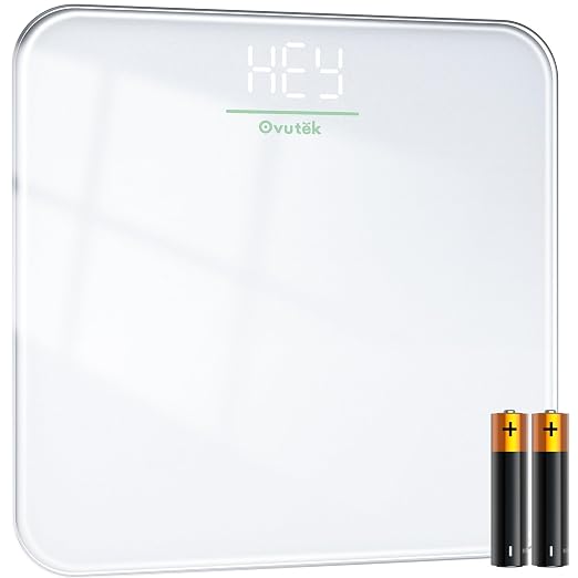 Balanza de baño Ovutek para pesar el cuerpo, báscula digital de alta precisión para personas, baterías mejoradas incluidas, tamaño compacto, pantalla LED, vidrio templado resistente de alta calidad, capacidad de 400 lb.