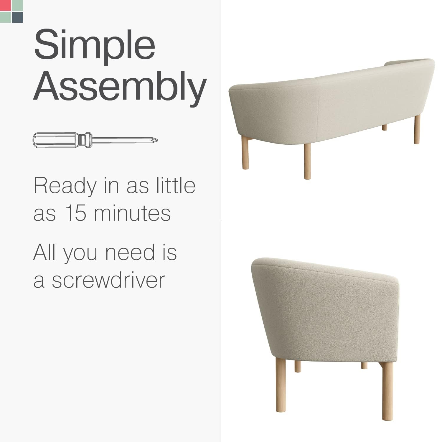Sofá Mid-Century con Respaldo Curvo – 76.25” – Decoración de Lujo y Confort para Oficinas, Salas y Dormitorios – Patas de Madera Maciza y Cojines de Tela Transpirable