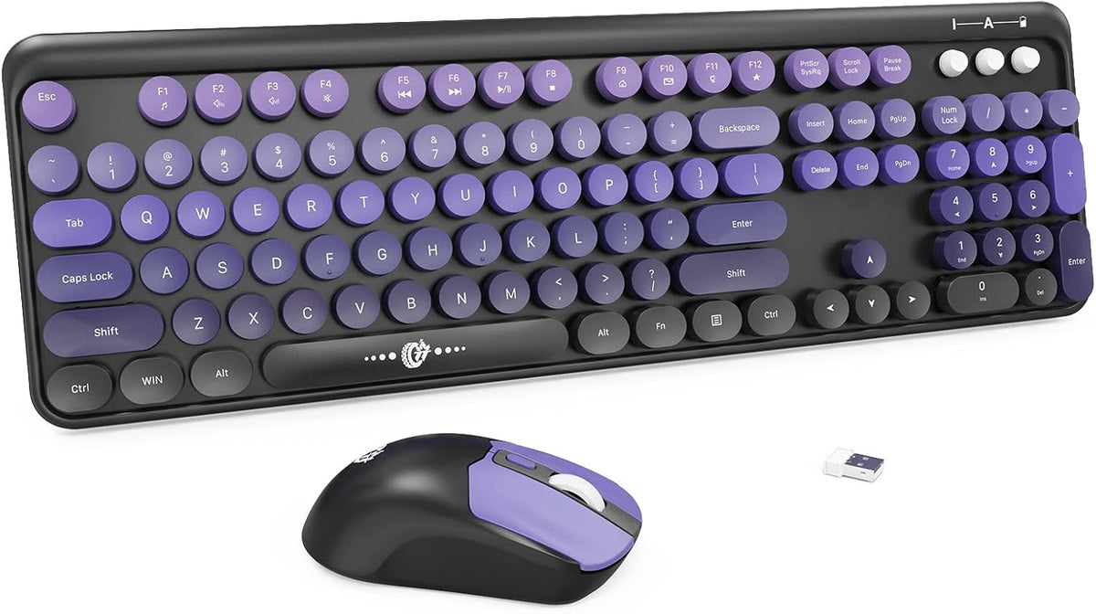 Combo de teclado y ratón inalámbricos FOPETT - 2.4G, tamaño completo, bonito y colorido, con teclado y ratón con 104 teclas redondas, teclado retro tipo máquina de escribir para portátil/Windows/PC - Degradado morado