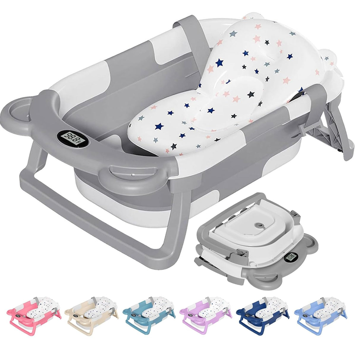 Bañera plegable para bebé TPN, bañera para bebé con cojín suave y termómetro en tiempo real, bañera para bebés desde recién nacidos hasta niños pequeños (0-36 meses), bañera portátil de viaje para recién nacidos