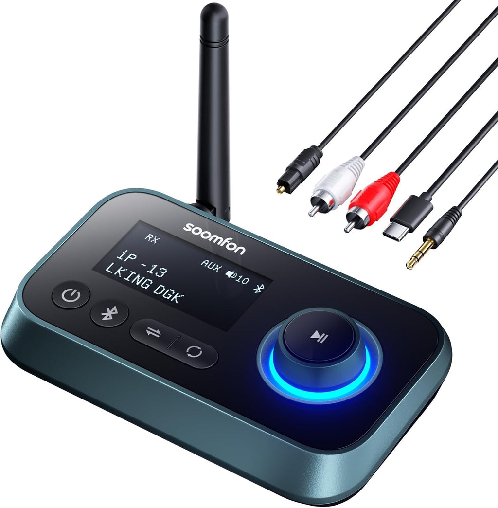 Transmisor Bluetooth SOOMFON para TV, transmisor y receptor Bluetooth 5.0 3 en 1 para TV a 2 auriculares con pantalla LCD, volumen ajustable, bypass de entrada/salida óptica AUX RCA para altavoces estéreo domésticos.