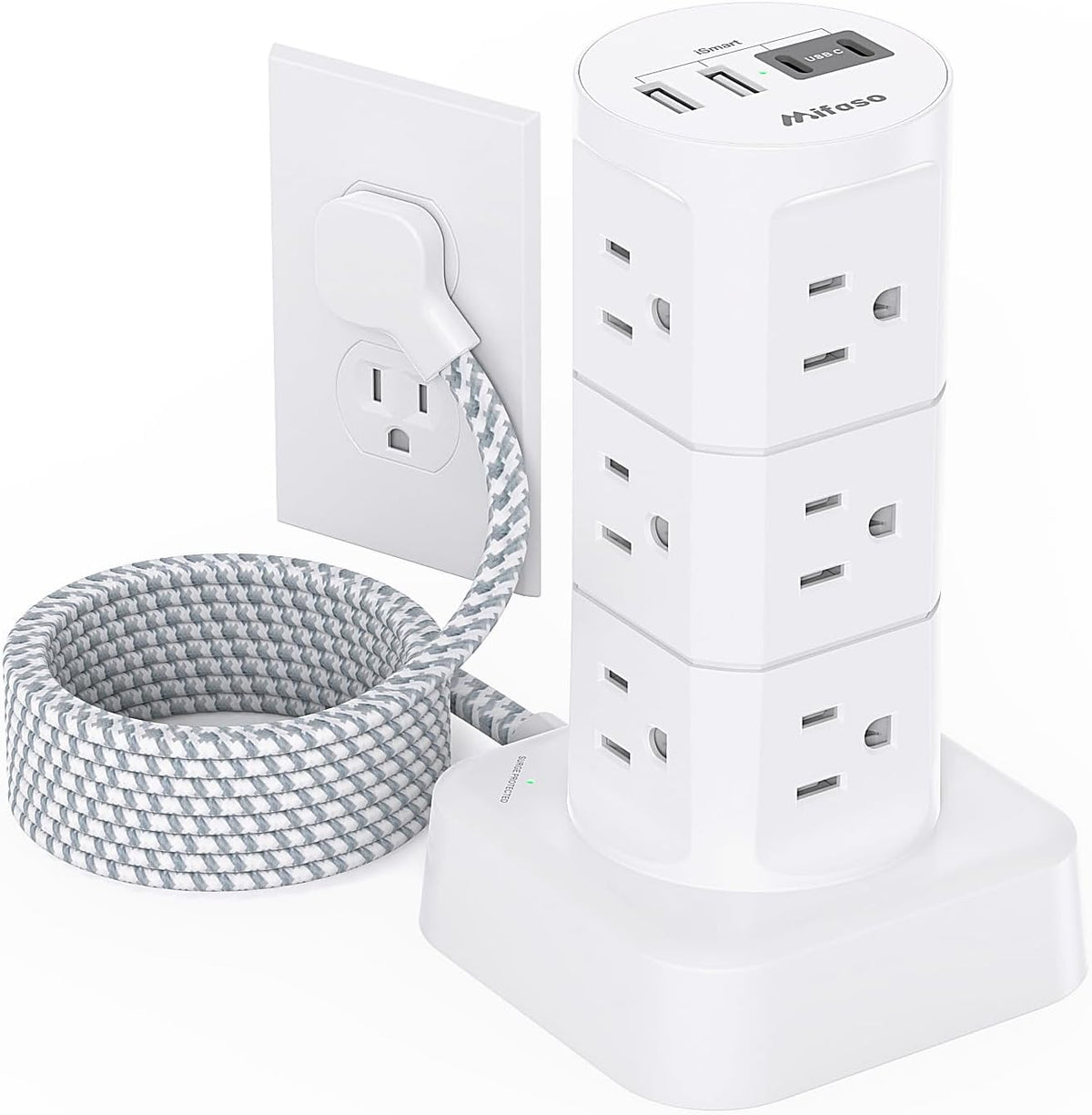 Regletas con protección contra sobretensiones, regleta con enchufe plano, 12 tomas de corriente y 4 puertos USB, estación de carga tipo torre de 1875 W/15 A, cable de extensión de 1,8 m con múltiples tomas de corriente, artículos de oficina, artículos