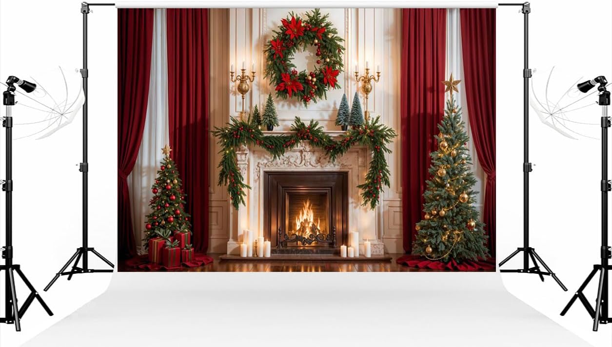 Kate - Fondo para fotografía de árbol de Navidad (3 x 2 m), diseño de chimenea navideña, corona navideña, cortinas rojas, accesorios para estudio fotográfico 
