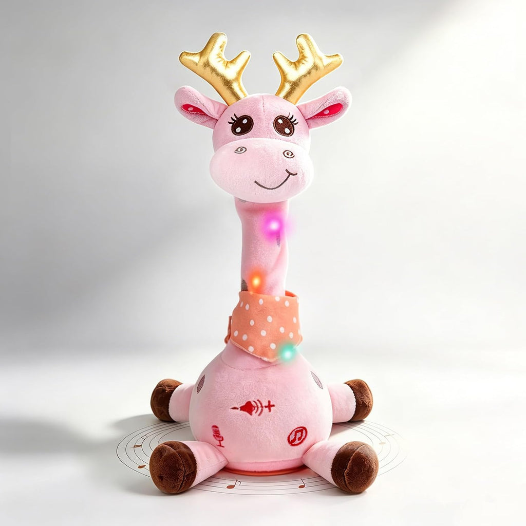 LLUKEME Jirafa Bailarina y Parlante con Astas Doradas | Peluche Interactivo que Repite lo que Dices | Jirafa Electronica Musical con Luz | para Bebes 1-3 Anos | Rosa