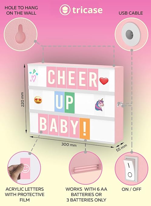 Caja de Luz Cinema Rosa — 312 Letras, Emojis y 3 Marcadores, Tablero LED Decorativo para Habitación y Regalo