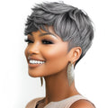 Peluca Pixie Corta Gris con Flequillo, Densidad 150% | Cabello Humano Preplumado y Precortado, Sin Pegamento, Sin Nudos y Sin Caída para Mujeres