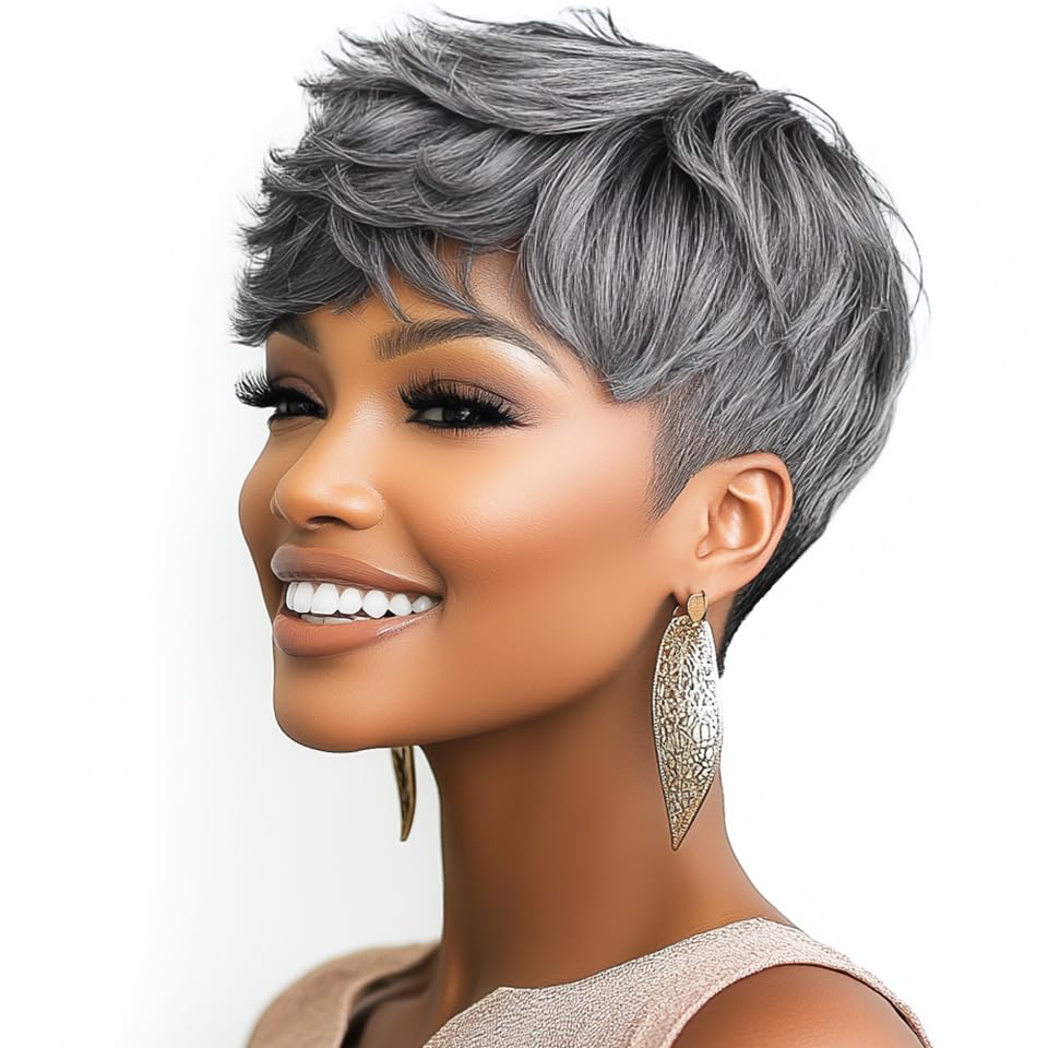 Peluca Pixie Corta Gris con Flequillo, Densidad 150% | Cabello Humano Preplumado y Precortado, Sin Pegamento, Sin Nudos y Sin Caída para Mujeres