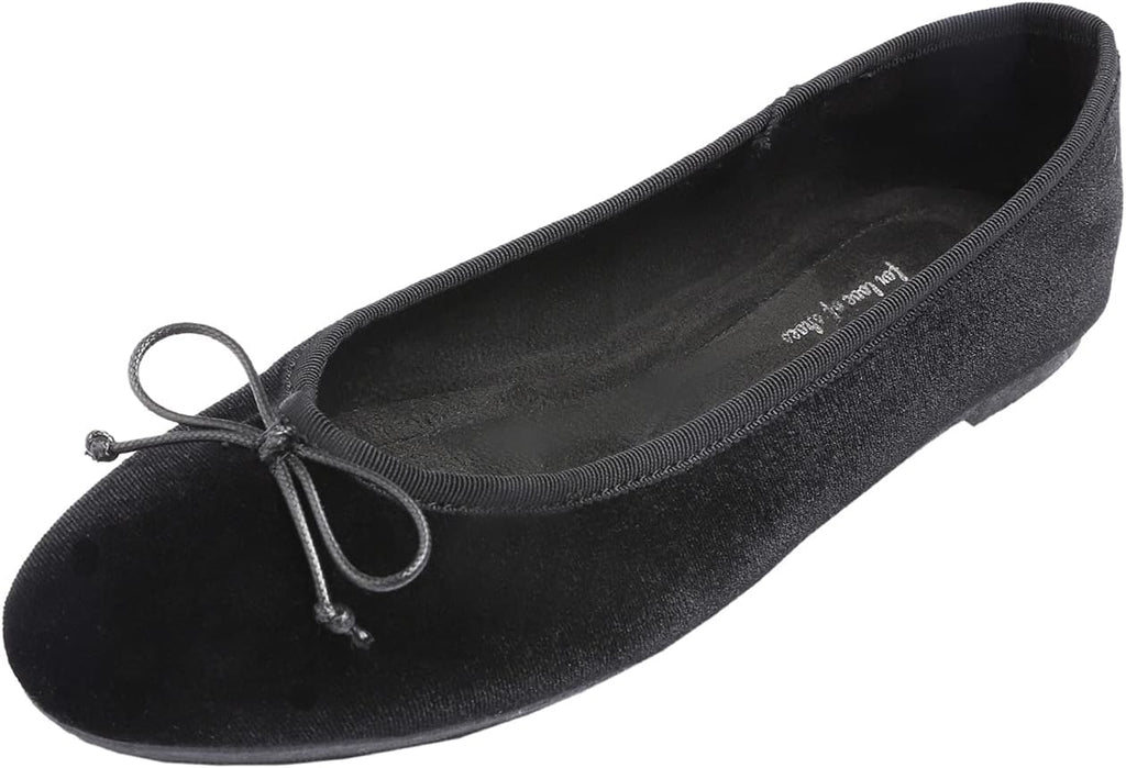 FEVERSOLE Women's Fashion Round Toe Bow Tie Dress Slip On Soft Ballet Flat Black Velvet Size 8 M US