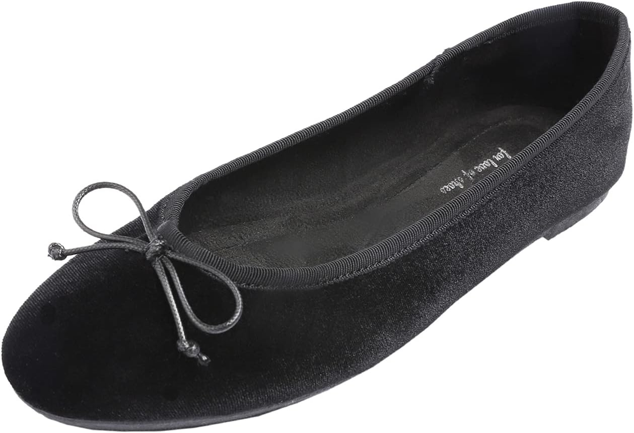 FEVERSOLE Women's Fashion Round Toe Bow Tie Dress Slip On Soft Ballet Flat Black Velvet Size 8 M US