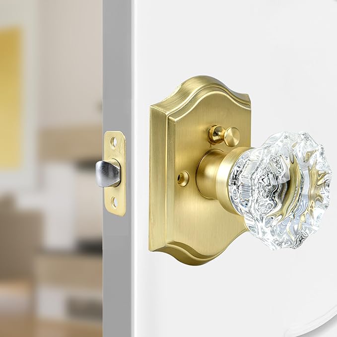 Pomos de puerta de cristal, pomos de puerta de vidrio de latón satinado en forma de rosa interior con función de privacidad de cerradura, vintage antiguo para dormitorio y baño