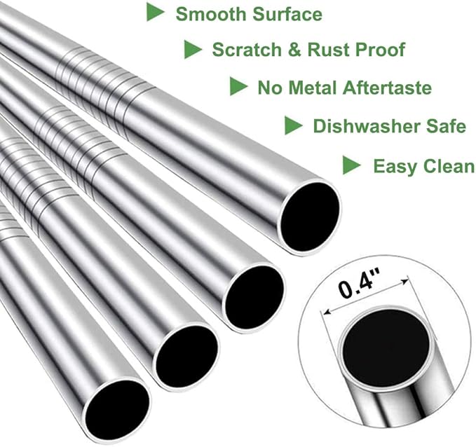 Vinaco Pajitas de acero inoxidable, extra anchas de 0.4 pulgadas, popotes de metal reutilizables para batidos, batidos, bebidas, juego de 4 con 1 cepillo de limpieza