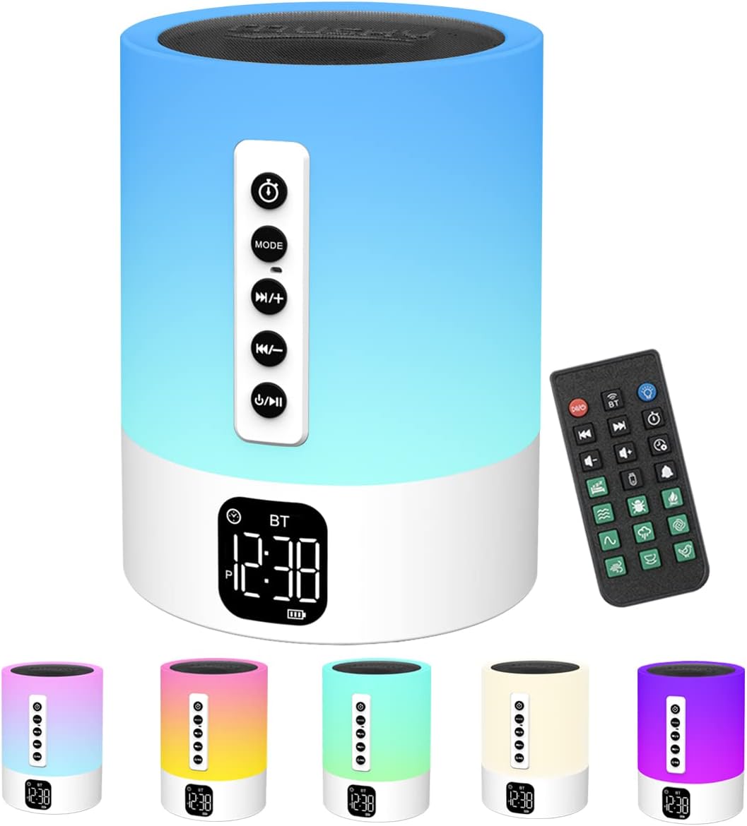 Bocina Bluetooth 6 en 1 con Luz Nocturna, Maquina de Ruido Blanco, Lampara Tactil y Reloj Despertador