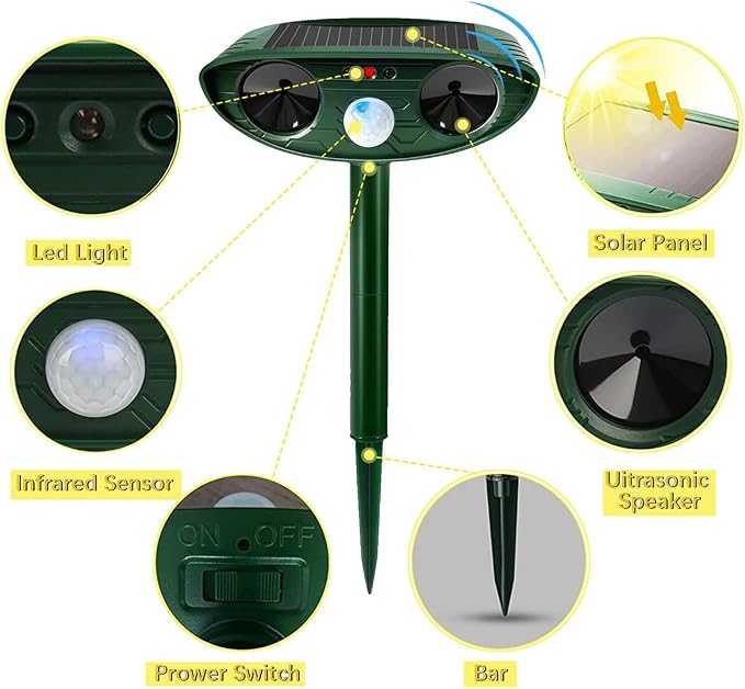 Repelente ultrasónico solar para animales (gatos, perros, ciervos, mapaches, ardillas, conejos, pájaros) con sensor de movimiento. Disuasivo impermeable para jardín y granja
