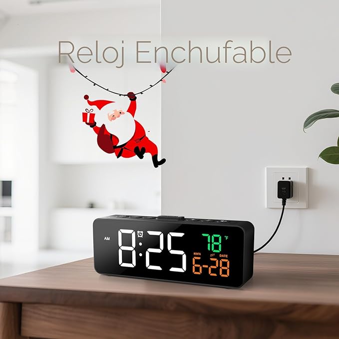 Netzu Relojes digitales 3 en 1 para sala de estar con pantalla de temperatura, fecha y hora - 4 niveles de brillo, 3 volúmenes, reloj despertador pequeño y compacto enchufable para dormitorio, oficina