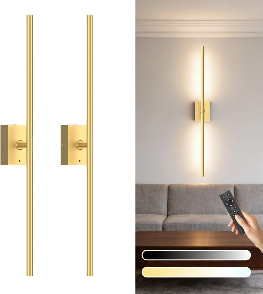 ( ARTICULO CONTIENE LAS PIEZAS COMO SE MUESTRA EN LA SEGUNDA IMAGEN ) Apliques de Pared YINDUZ a Bateria | Set 2 | 10000mAh Recargable | Remoto y Tactil | 360 grados | 4CCT | Dorado 31.5 pulgadas