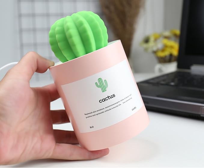 ⚠️ NO CONTIENE EL CABLE CONECTOR TIPO (B) | Minihumidificador, 280ml USB Portátil Cactus Difusor de aire con niebla fría, Funcionamiento Ultra-silencioso para Dormitorio Hogar Oficina Yoga Auto Viajes (Rosa)