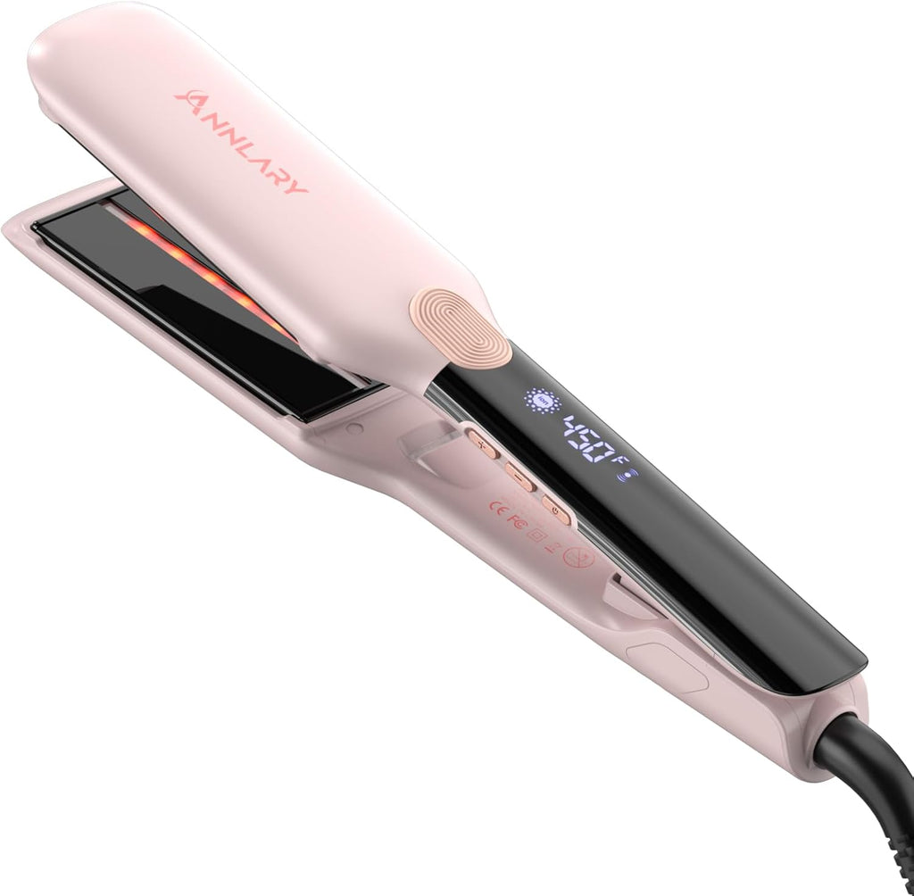 Plancha alisadora y rizadora Annlary de 2,5 cm (1 pulgada), 2 en 1, iónica de titanio y cerámica, doble voltaje, con silicona resistente al calor, para menos frizz, más brillo y suavidad.