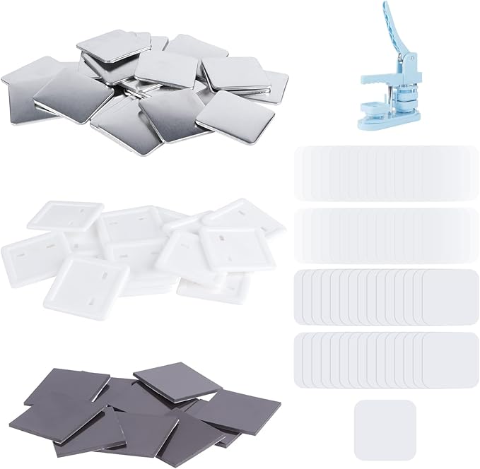100 Sets Insumos Happizza para Máquina de Botones Cuadrados 50mm — Imán de Refrigerador, Cubierta Metálica, Film y Papel