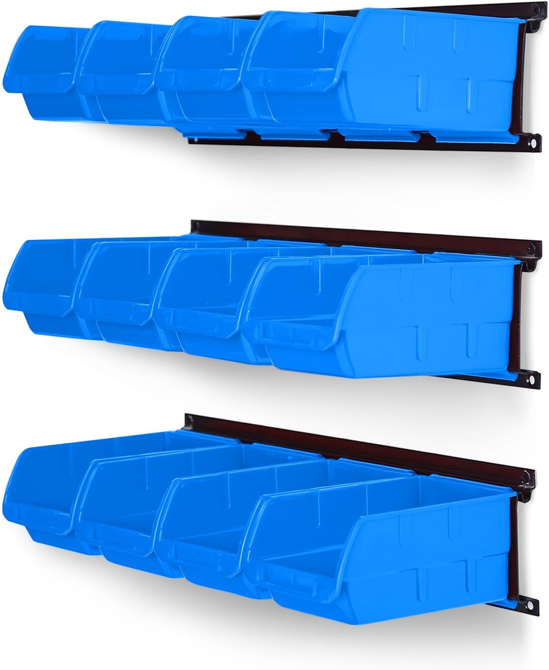 Juego Ultrawall de 12 contenedores y 3 rieles, contenedores de almacenamiento colgantes de plástico, sistema de almacenamiento de herramientas para garaje montado en la pared, 12 contenedores