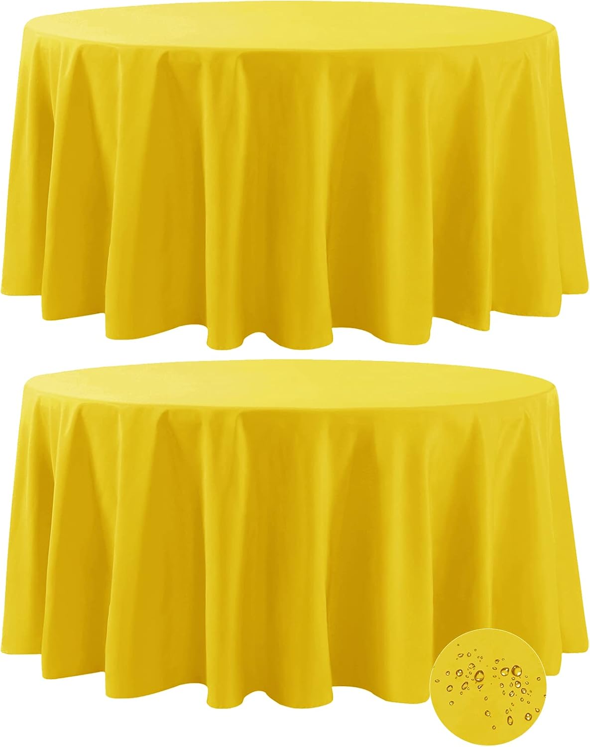 Mantel redondo impermeable Fokitut, paquete de 2, 120 pulgadas, resistente a las manchas y a las arrugas, de poliéster, ideal para la cocina, el comedor, bodas, fiestas y cenas festivas (amarillo).