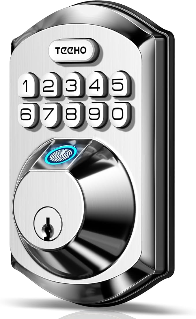 Cerradura Inteligente TEEHO TE002 — Huella Digital, Teclado Electrónico, Sin Llave, Deadbolt con 2 Llaves de Respaldo, Niquelado