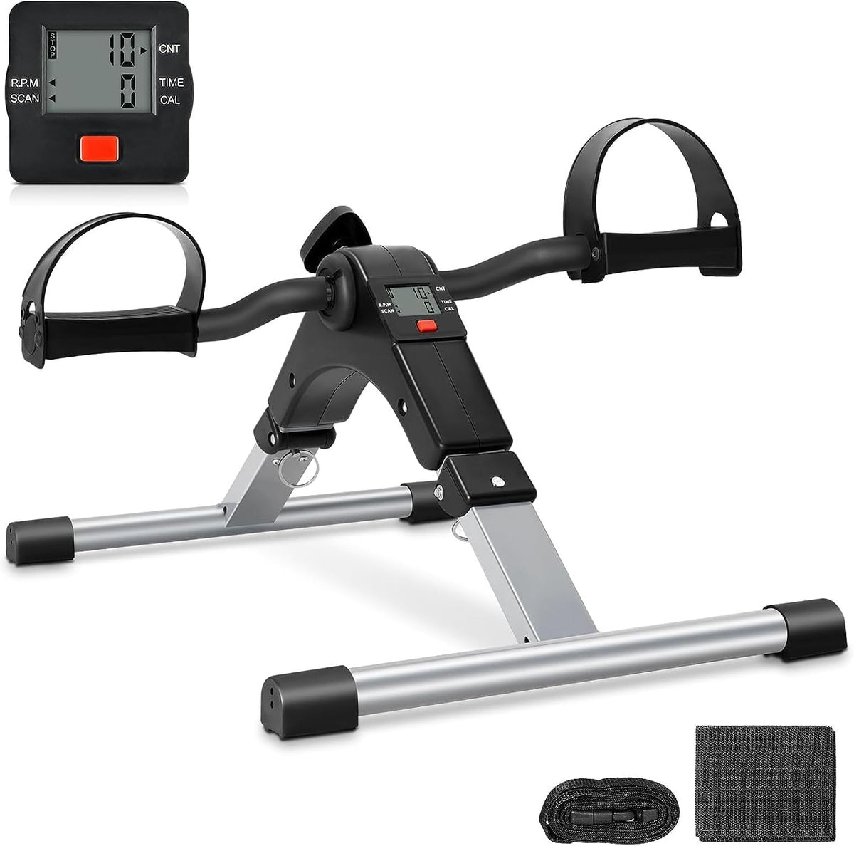 Uten Pedal de Ejercicio Plegable | Mini Bicicleta Bajo Escritorio para Brazos y Piernas, Portatil con Monitor LCD (Plateado)